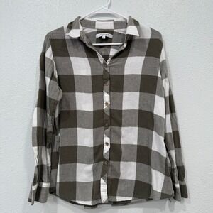 Foxcroft NYC Womens Flannel‎ Shirt Size 12 Relaxed Olive Green White Plaid